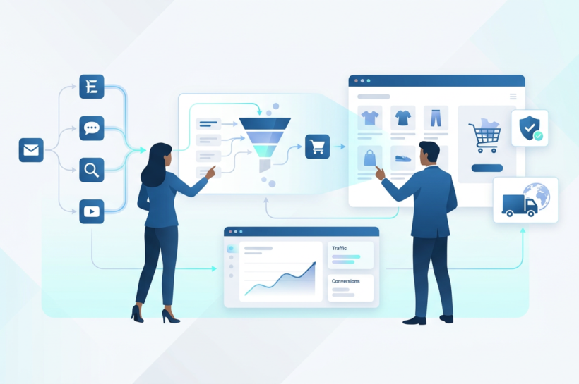 E-commerce marketing channels and customer journey illustration