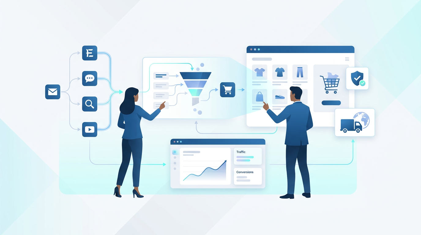 E-commerce marketing channels and customer journey illustration