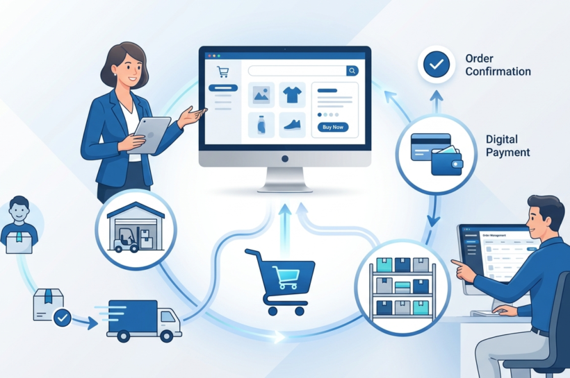 E-commerce ordering and digital retail system illustration