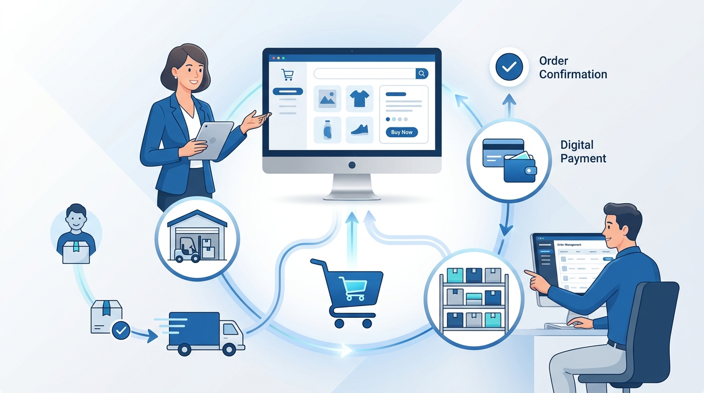E-commerce ordering and digital retail system illustration