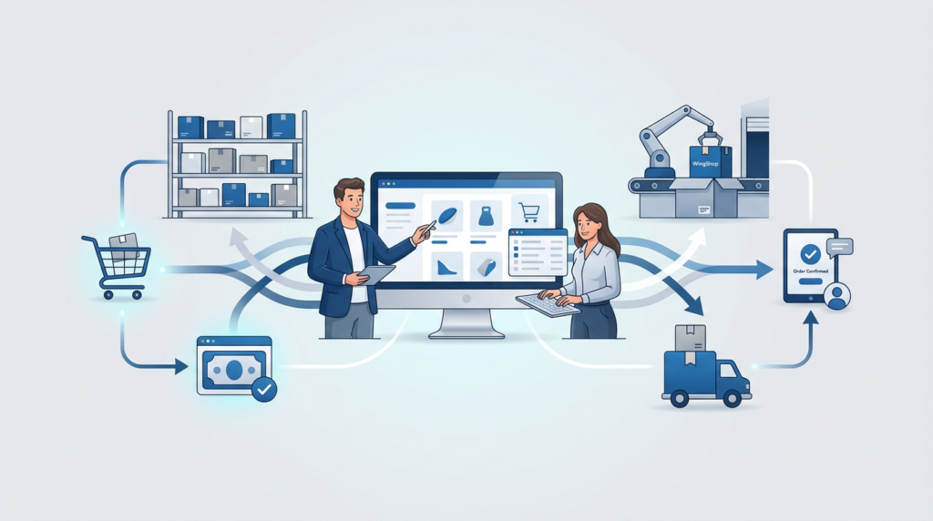E-commerce marketing channels and customer journey illustration