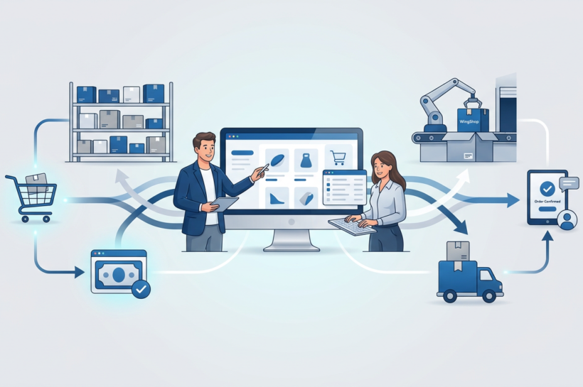 E-commerce marketing channels and customer journey illustration