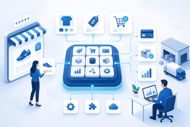 E-commerce platform connecting catalog, checkout, payments and operations
