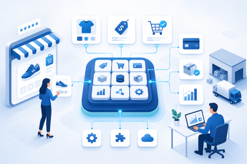 E-commerce platform connecting catalog, checkout, payments and operations