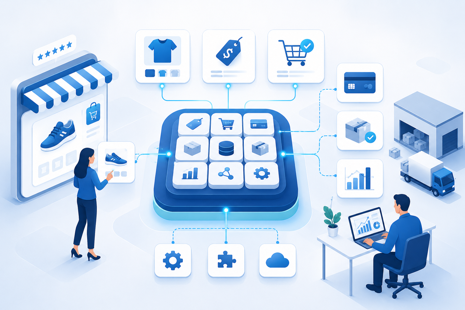 E-commerce platform connecting catalog, checkout, payments and operations
