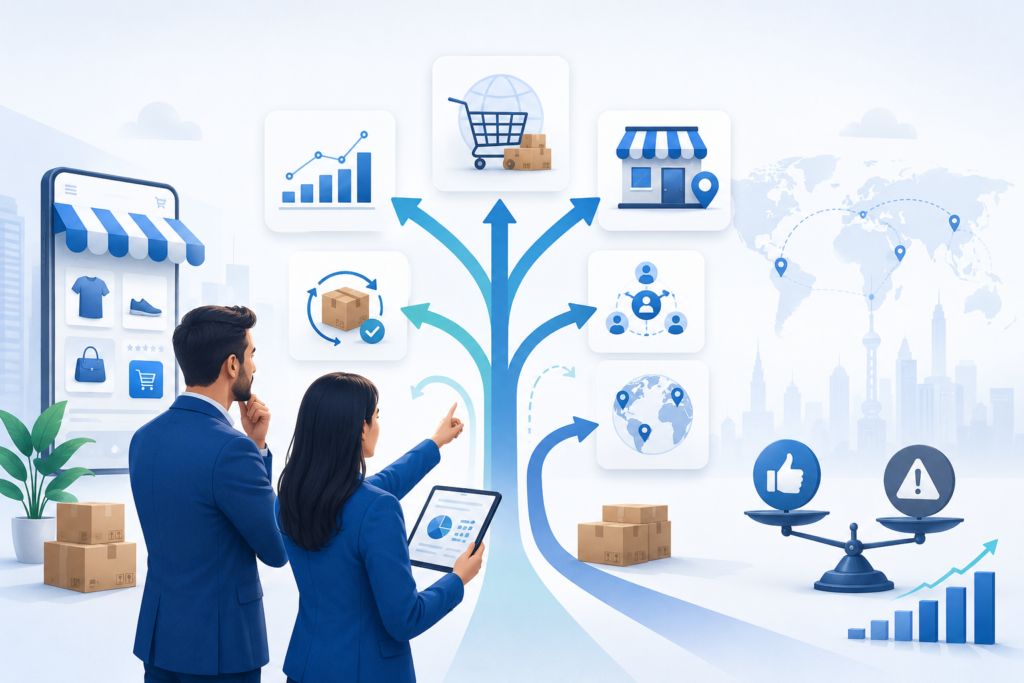 Business team evaluating e-commerce growth opportunities and risks