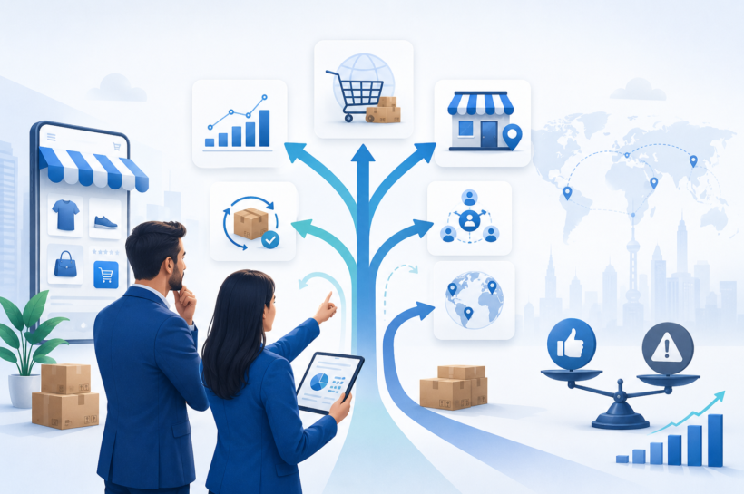 Business team evaluating e-commerce growth opportunities and risks