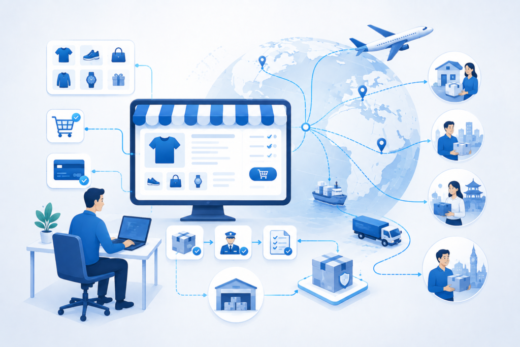 Cross-border e-commerce network connecting online stores, payments and international delivery