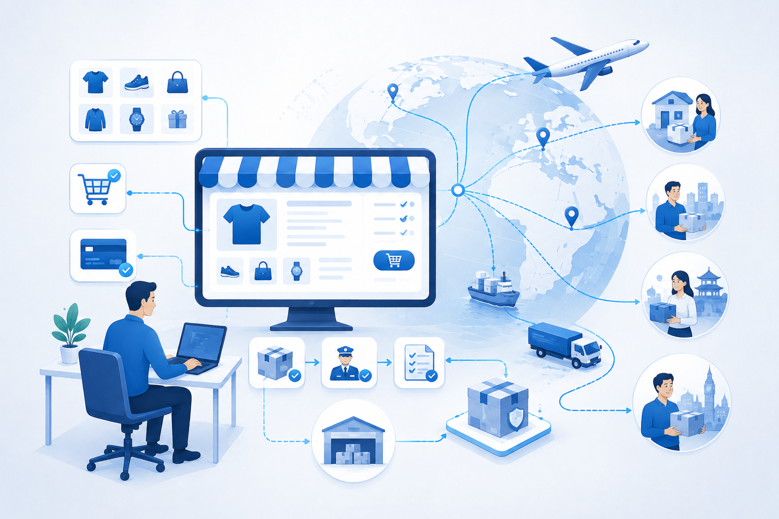 Cross-border e-commerce network connecting online stores, payments and international delivery