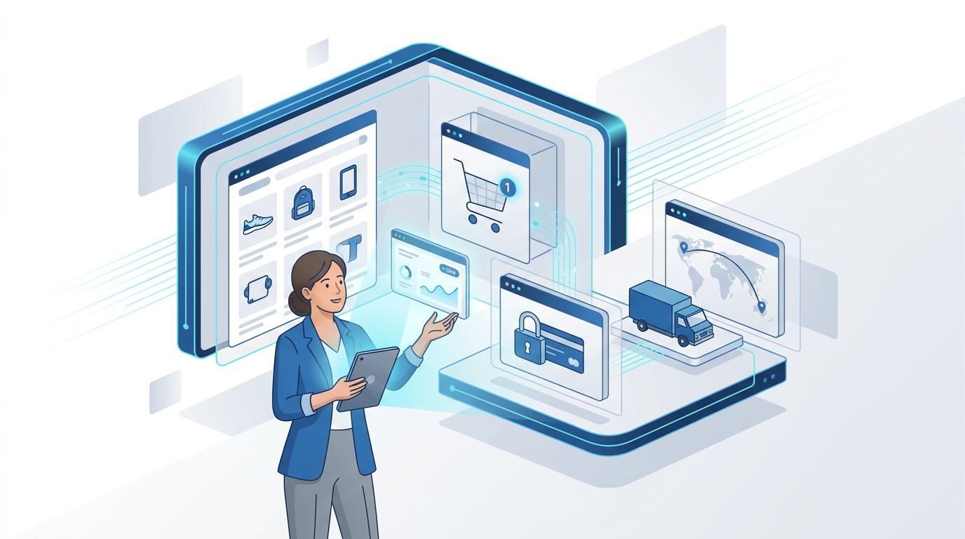 E-commerce website connecting products, checkout, payments and fulfillment